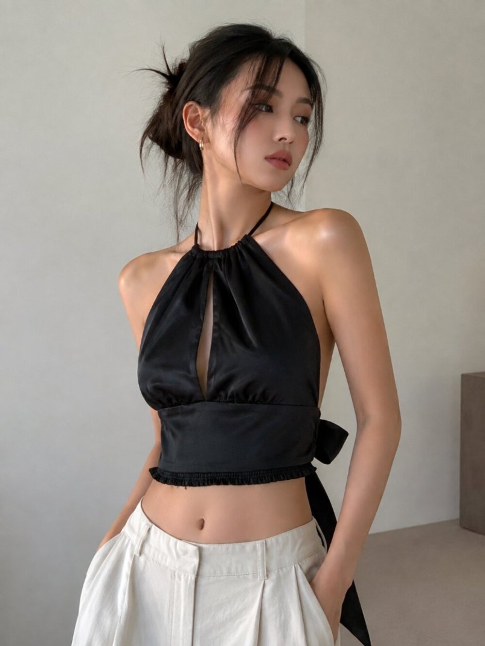 DYNAMITE Black Satin Halter String Top XXS Open Back NEW